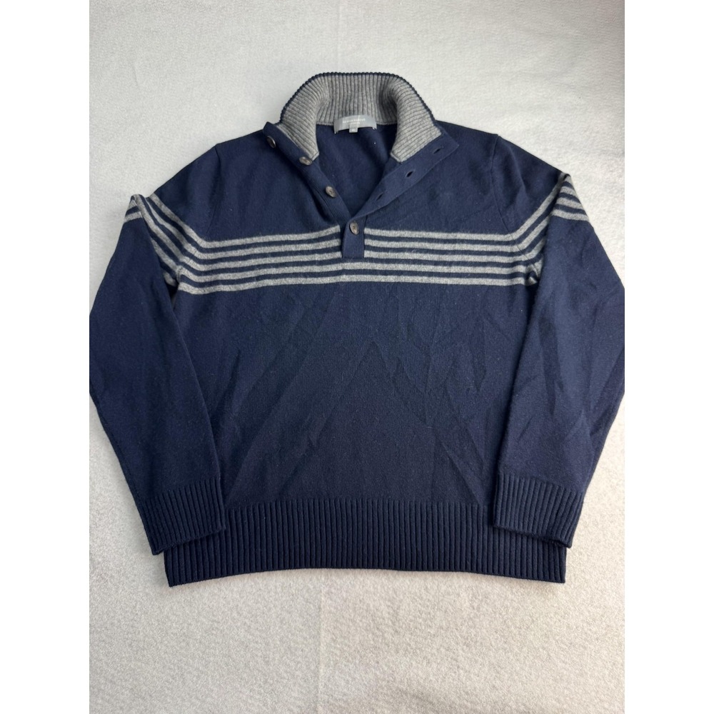 Neiman Marcus Sweater Mens XL Blue 100% Cashmere Mock Neck Henley Striped Knit‎